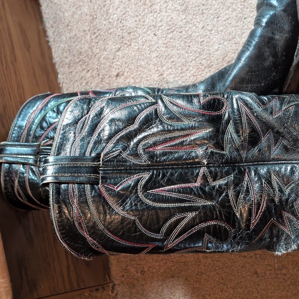 Tony Lama Black Vintage Leather Western Boots Rainbow Stitch Sz 8? - Picture 6 of 8